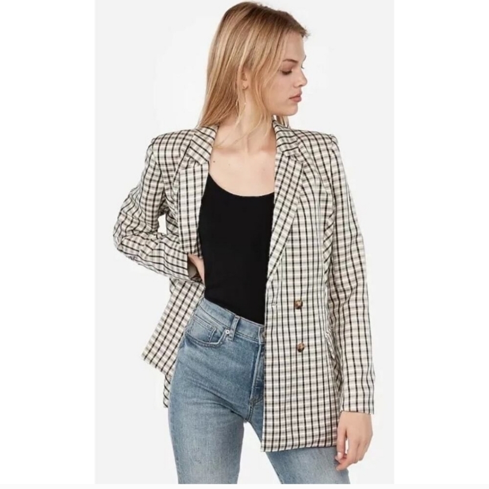 Express x Negin Mirsalehi Mixed Brown Checkered Plaid Print Boyfriend Blazer XS